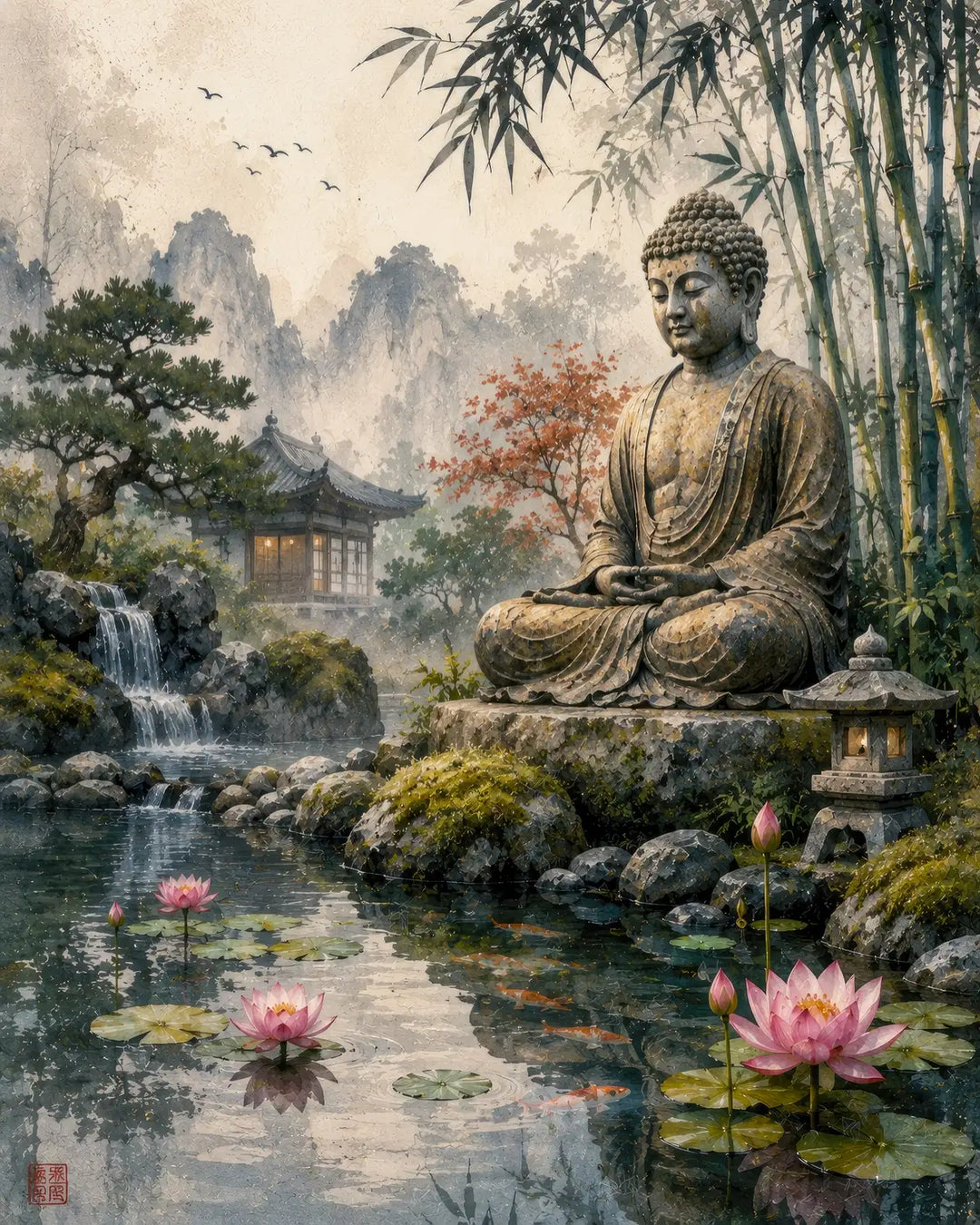 Zen garden diamond painting kit featuring a meditating Buddha beside a lotus pond and waterfall
